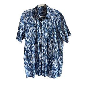 Tasso Elba Men Large Blue Utata Ikat Tie Dye Button Up Linen Short Sleeve Shirt